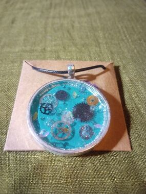 Handmade Turquoise Resin Gear Pendant Necklace